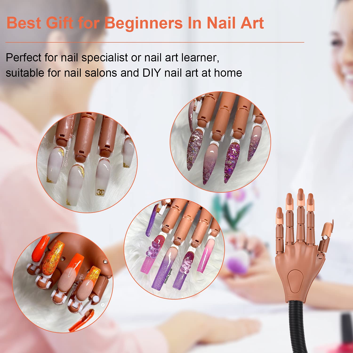 MEKK Practice Hand for Acrylic Nails Flexible Nail Practice Hand Never Fall off Nail Trainning Hand Kits Nail Tech Must Haves with Nail Files, Brush, Acrylic Nail Clipper and Nail Tips