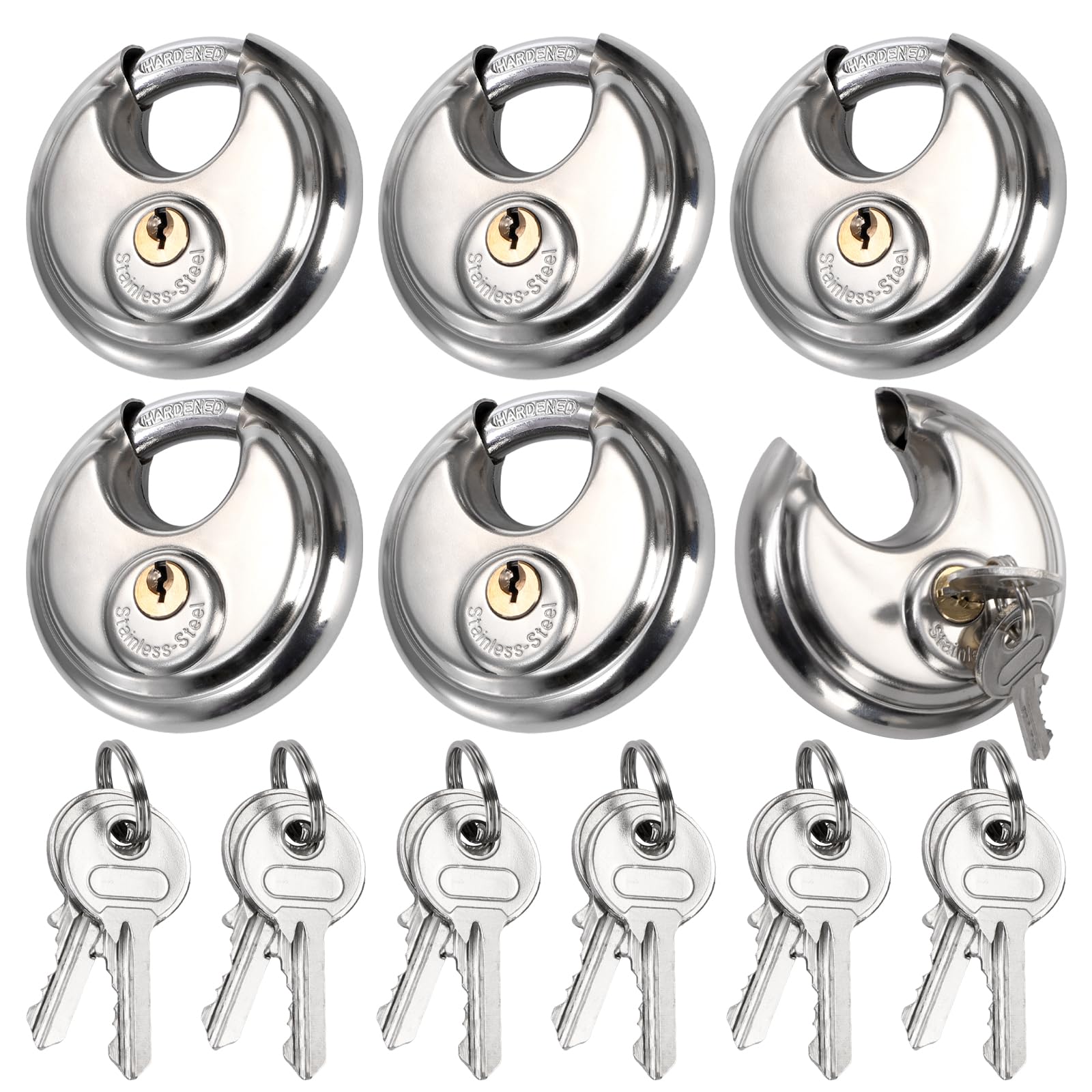 Yesland 6 Pack Discus Padlocks, Stainless Steel Round Lock with Keys ...