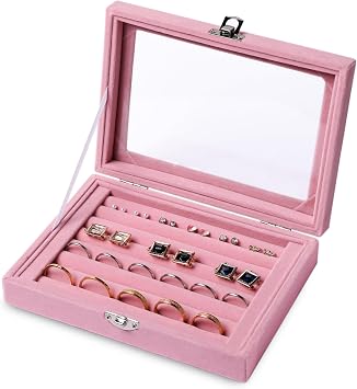 Frebeauty Rings/Earring Organizer Tray with Clear Lid,7 Slots Ring Box Velvet Ring Holder Drawer Insert Jewelry Storage Box Jewelry Display Case Jewelry Box Gift for Women and GirlsPink,7 Slots