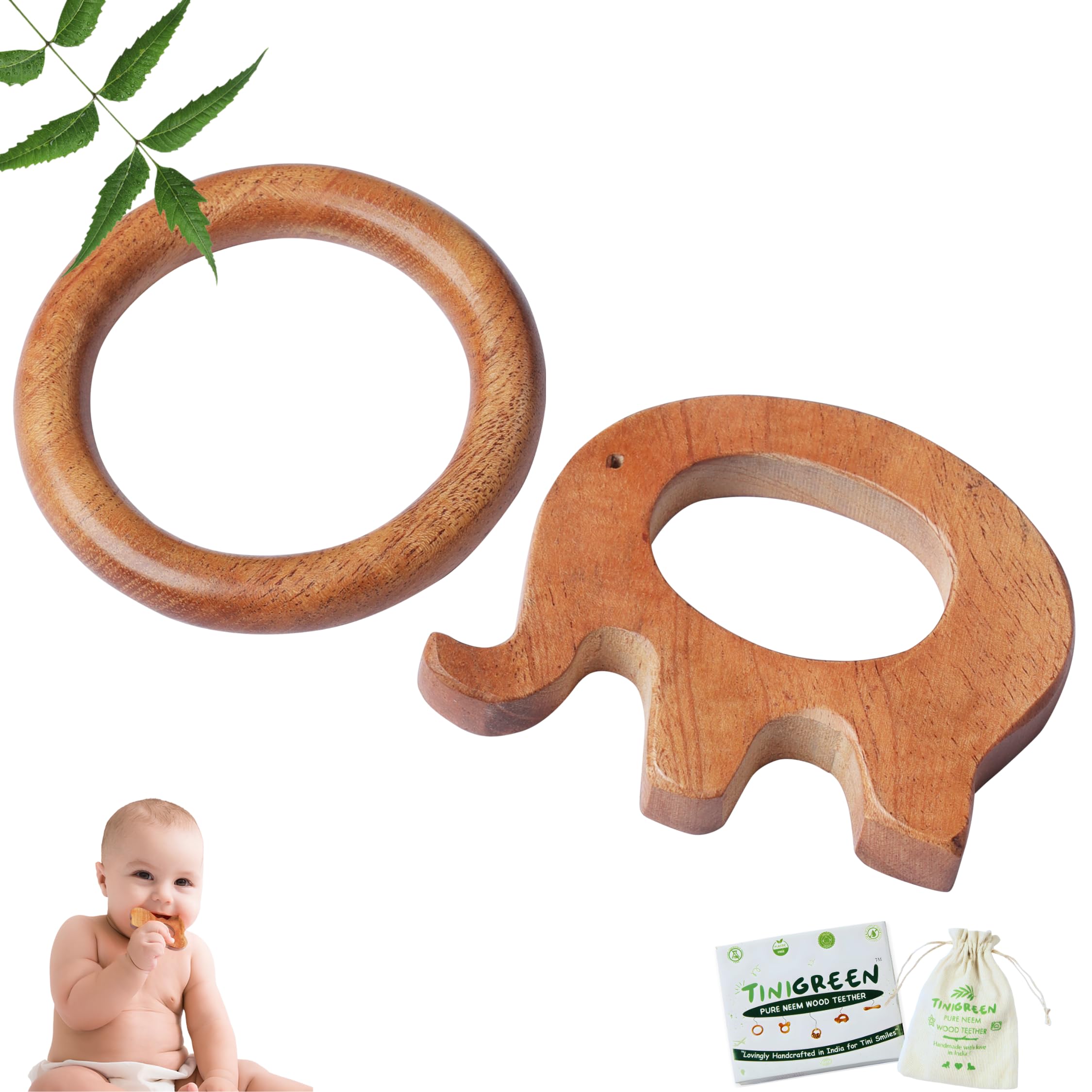Neem Wooden Baby Teether Elephant & Ring Shape Natural Antibacterial Neem Wood Teething Toy for Infants Safe Teether for Babies 3–12 Months (Pack of 2)-image-21