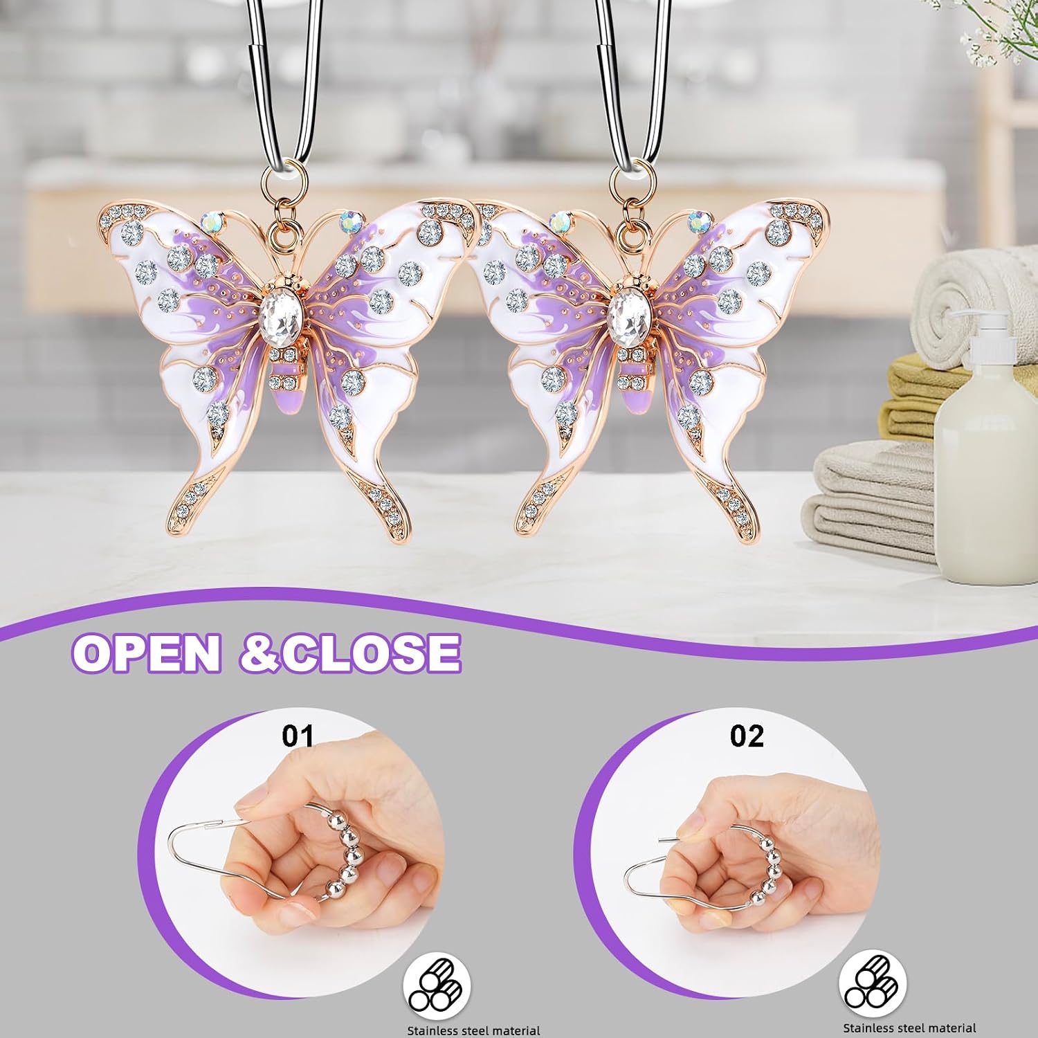 Decorative Purple Butterfly Shower Curtain Hooks Set,12 Pieces,Crystal Rhinestone Enamel Design,Roller Ball,Stainless Steel,Insect Decor,Rustproof Shower Rings,Home & Bathroom Decor,Gift