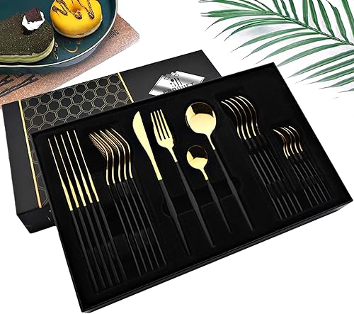 JASHII Juego de 24 piezas de cubiertos negros y dorados, juego de utensilios de alimentación reales pulidos con espejo, servicio para 6 personas,