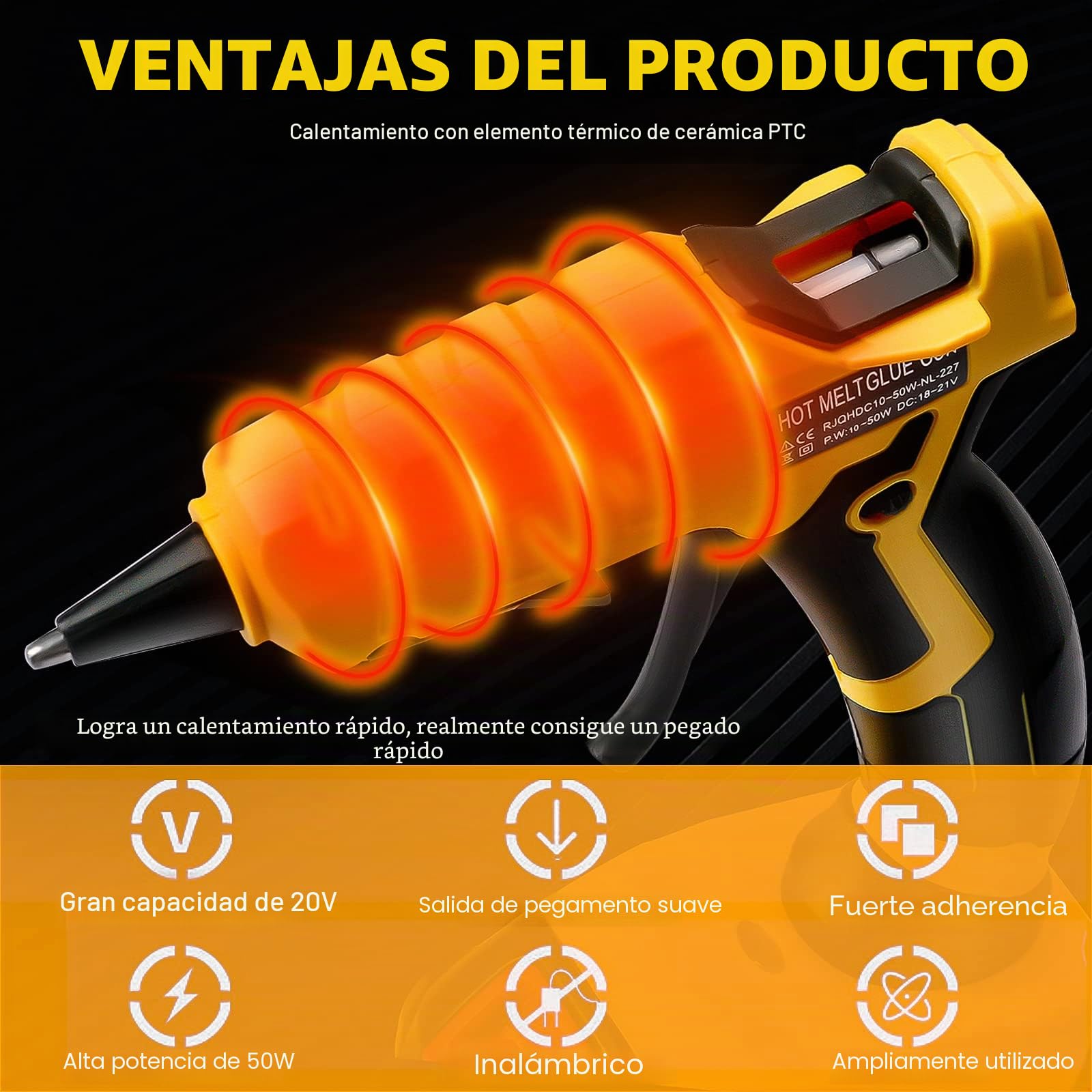 Pistola de pegamento caliente inalámbrica para Dewalt 18 V/20 V, batería de ion de litio, 30 segundos de precalentamiento rápido, pistola de pegamento caliente con 30 barras de pegamento (7 x 150 mm