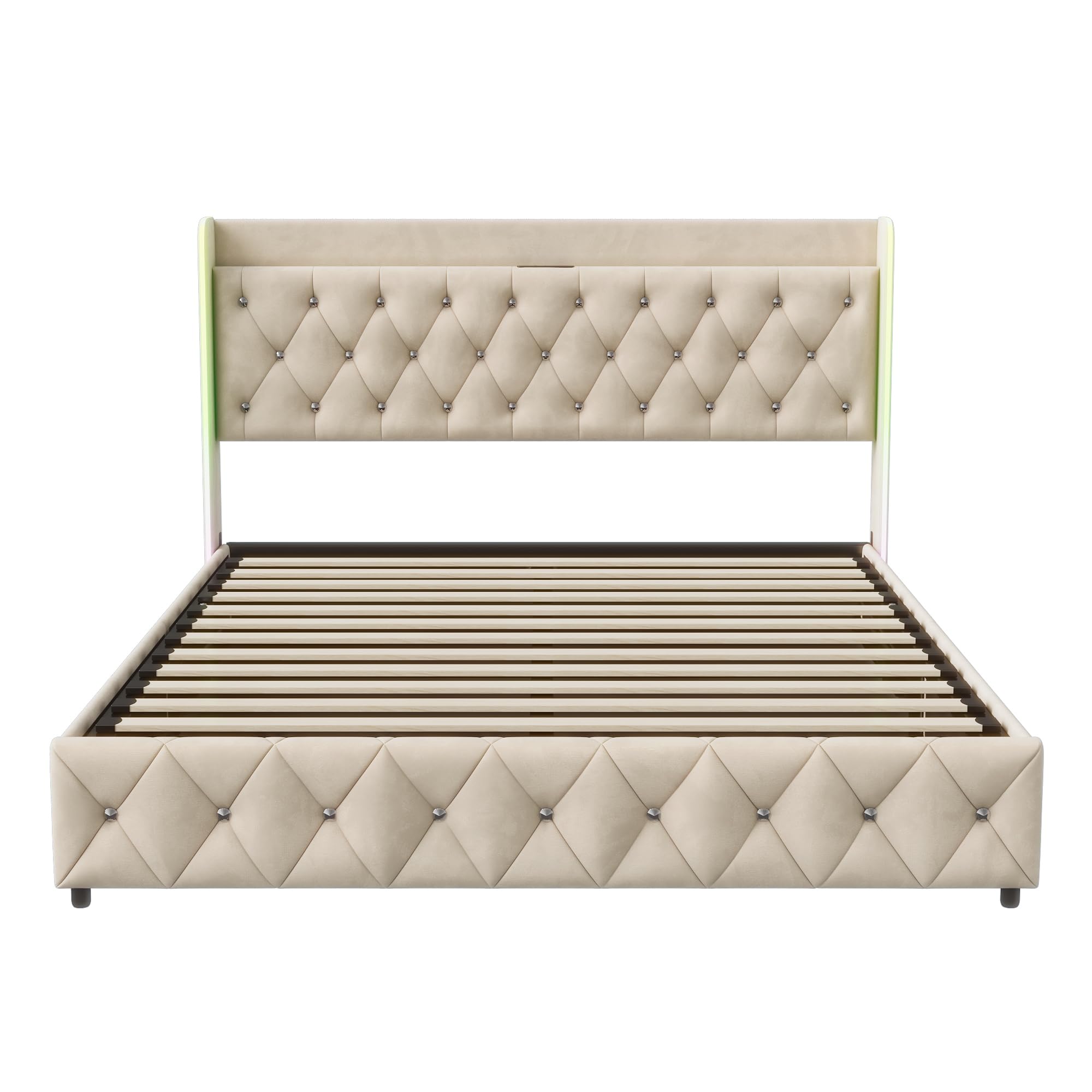 Letto matrimoniale imbottito 140 x 200 cm, letto idraulico a LED, letto matrimoniale con funzione porta di ricarica, comodino con funzione di carica, letto con vano portaoggetti (beige + flanella, 140