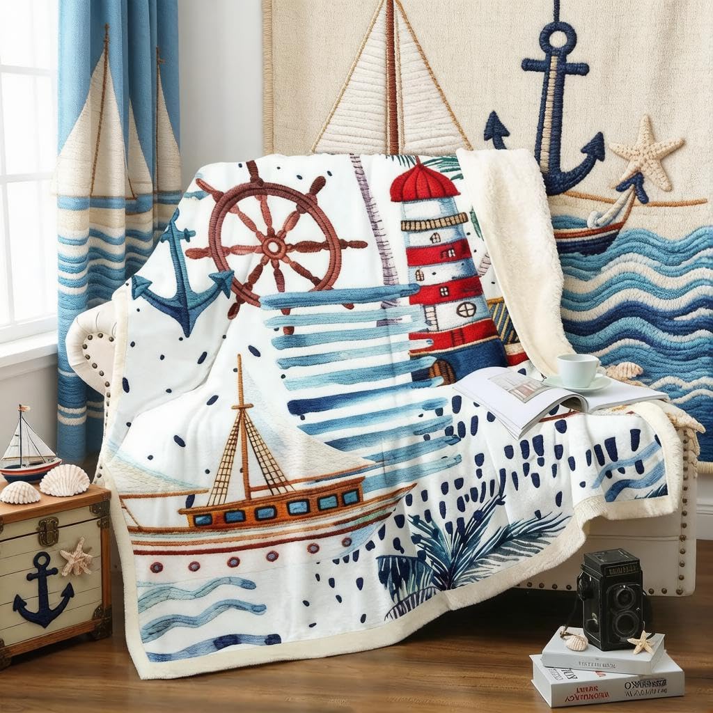 Loussiesd Sx15328mtlyp Nautical Decor Fleece Blanket For Chair Sofa Couch Sailboat Anchor Rudder Sherpa Blanket Ocean Themed Fuzzy Blanket Palm Leaf Plush Throw Blanket Sea Adventure Baby 30"X40"