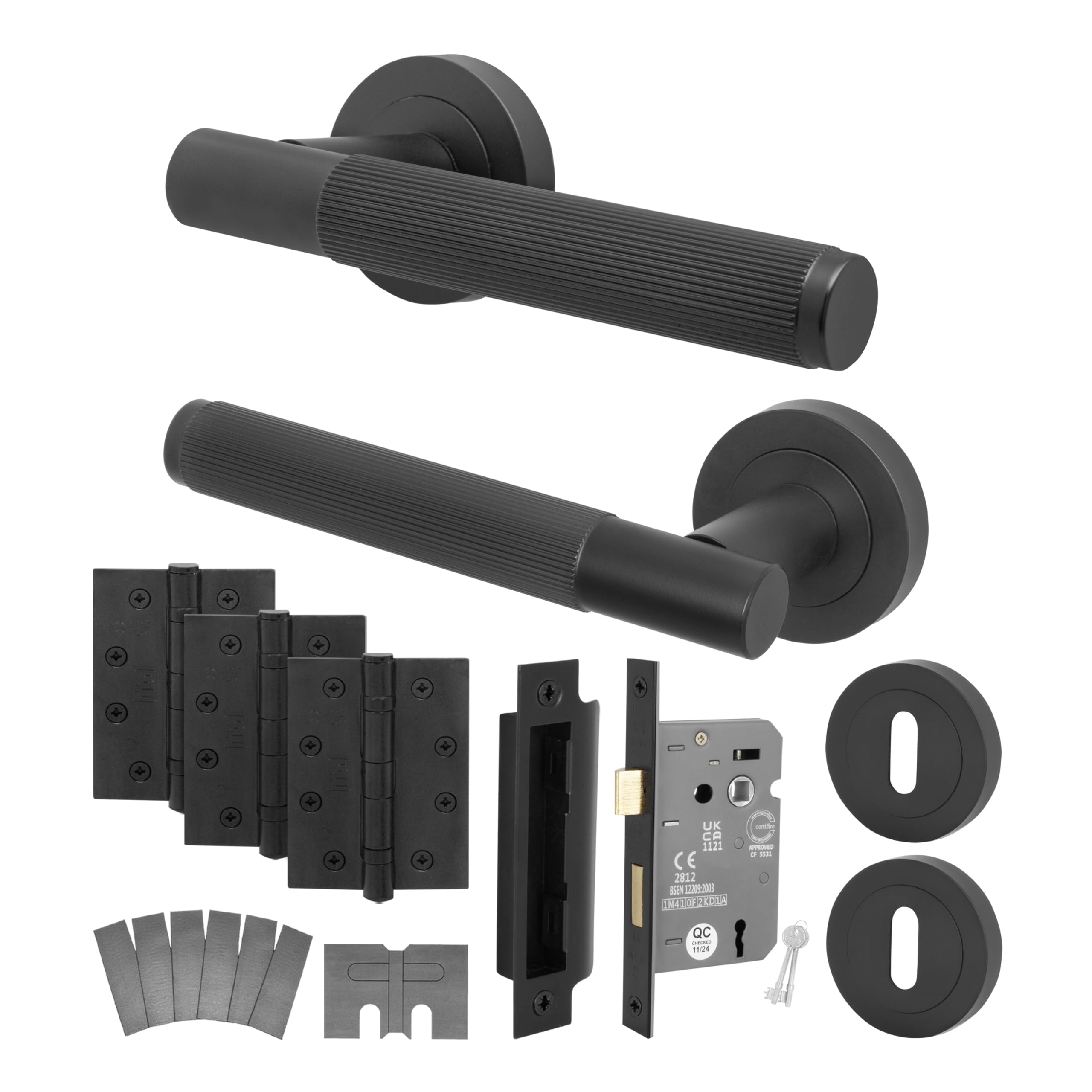 Eai Black Fire Door Handle Key Lock Set, Matt Internal Fire Rated Door Handle With 80Mm Lock And 102Mm Hinges, Oruro Range 1 Pack