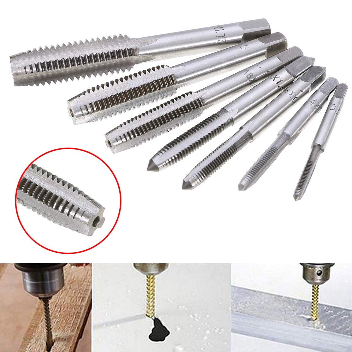 Juego de 7 machos de roscar métricos HSS para Mano Derecha, Paso de 0,5 mm a 1,75 mm, M3, M4, M5, M6, M8, M10 y M12, para Herramientas de carpintería.