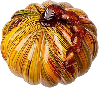 glitzhome 4.21 Inch Hand Blown Rainbow Striped Glass Pumpkin Table Accent for Fall Harvest Decorating for Mother
