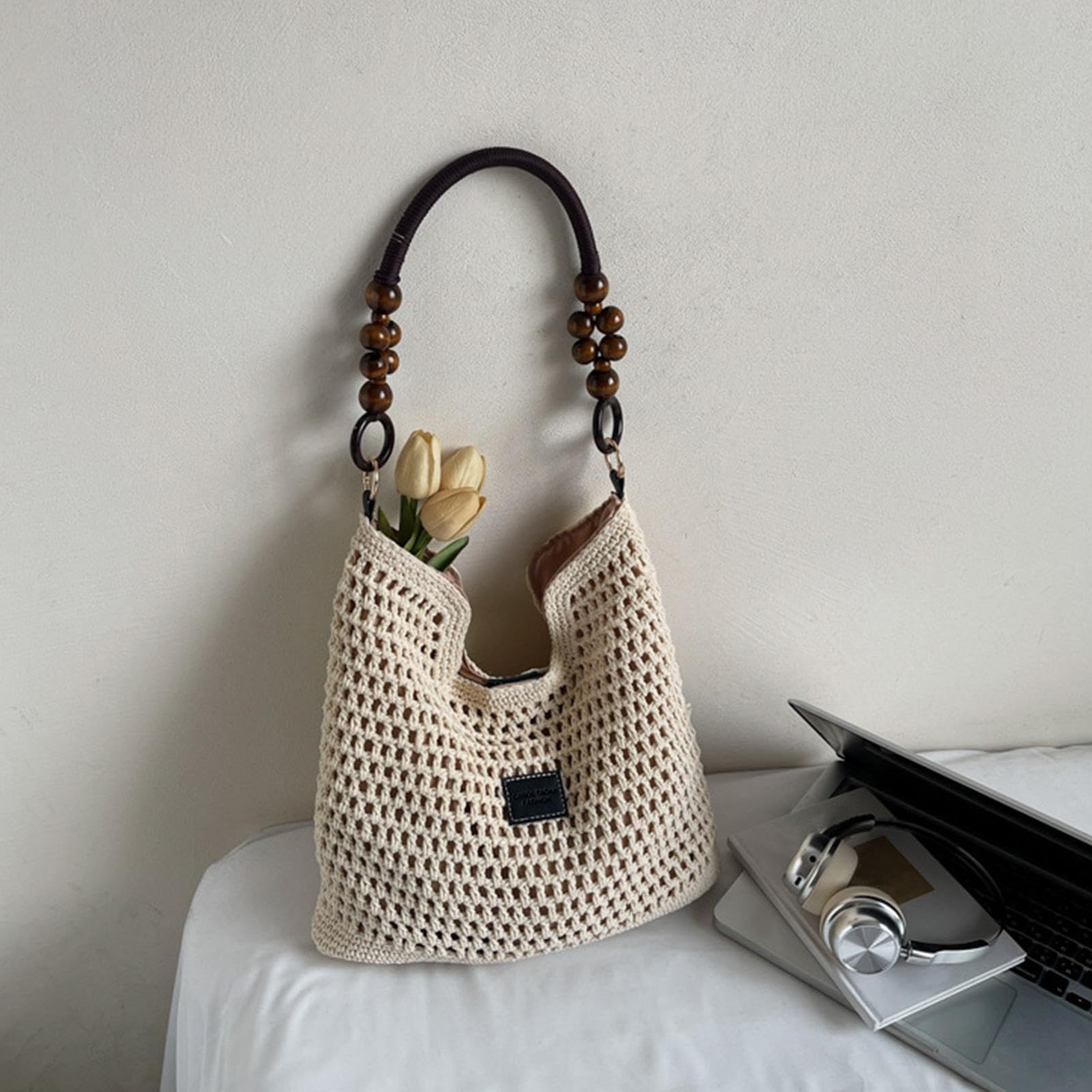 Bolsa de playa de ganchillo, estilo bohemio, grande, ligera