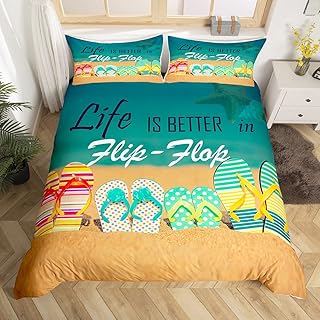 Ocean Beach Duvet Cover Set Full Size Colorful Flip Flops Bedding Set 3pcs Retro Summer Holiday Themed Comforter Cover for Kids Teens Room Decor Women Men Romantic Hawaii Quilt Cover,2 Pillowcases