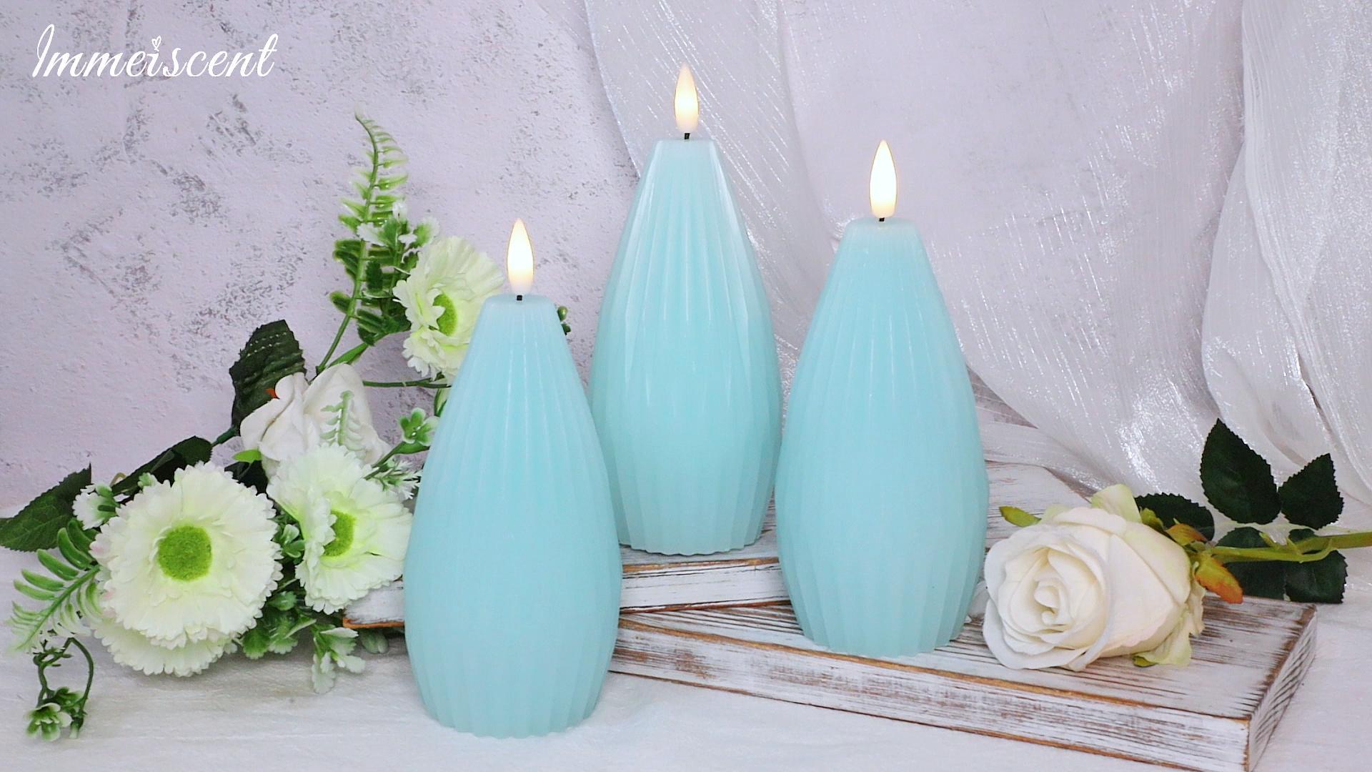 Image of Blue Ribbed Flameless Candles Battery Operated with Remote Flickering Realistic LED Real Wax Decorative Candle Geometric Aesthetic Modern Ocean Decor for Home Table Fireplace, 3 Pack