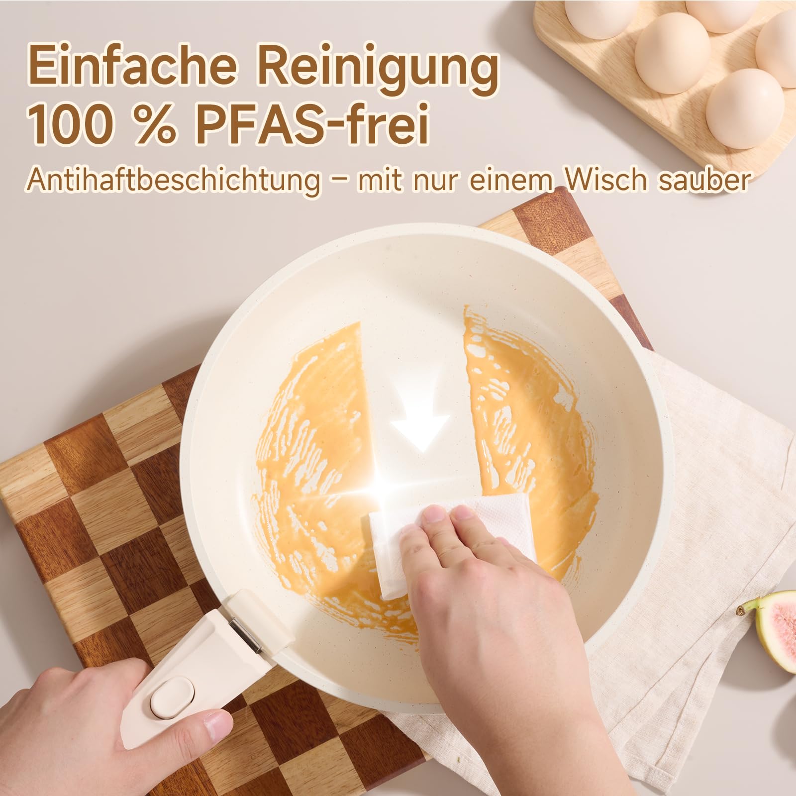 JEETEE Topf und Pfannensets mit abnehmbarem Griff 17-Teilig, Antihaft Pfanneset, Topfset Induktion, Kochtopf Set mit Deckel und Messer, Alle Herde kompatibel, PFOS/PFOA frei, Beige