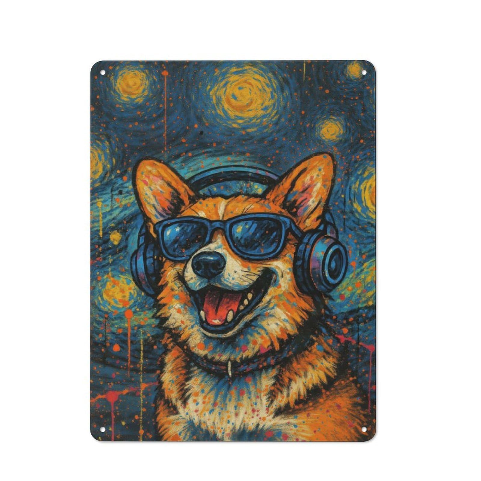 Junmoney Style-15 Metal Wall Sign 40X30cm Featuring Corgi Dog With Headphones And Glasses For Living Room Wall, For Metal Sign Collectors, For Garage And Workshop Walls