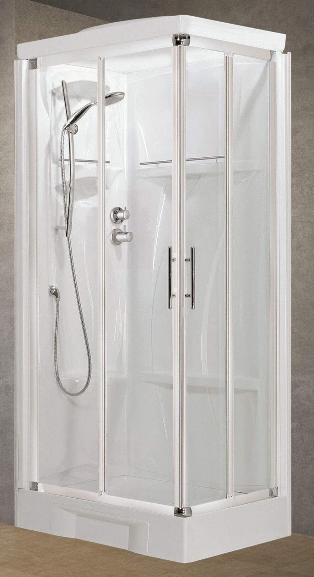 Novellini New Holiday A90 Standard con techo 90 x 90 cm Cabina de ducha equipada 2 puertas correderas 2 fijas ángulo derecho izquierdo mezclador mecánico cristal transparente perfil blanco alto 217,5