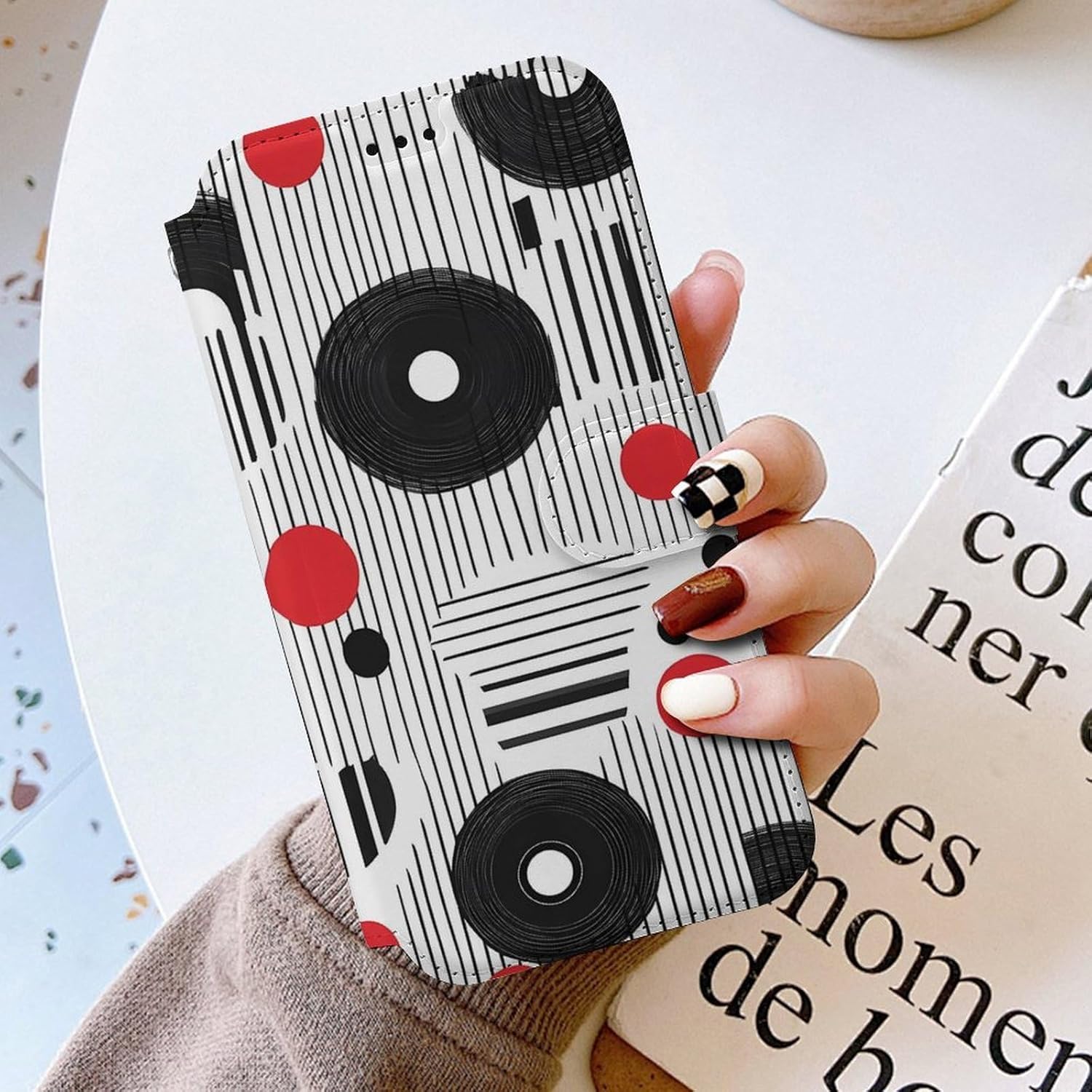 Black White Piano Keys Vinyl Records Compatible with iPhone 16/16 Plus/16 Pro/16 Pro Max/16 E Case Phone Wallet Card Holder Flip Cover with Wrist Strap