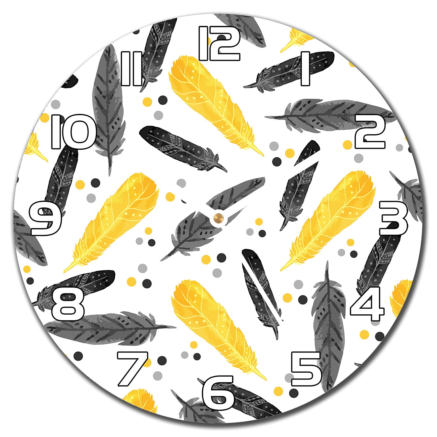 Horloge en verre moderne 30 cm Coloray Plumes d'or avec aiguilles blanches pour cuisine et salon