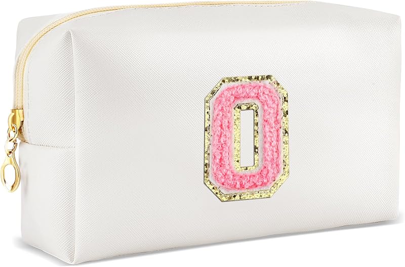 Necessaire de maquiagem URSKYTOUS com letra A-Z, branca, em couro sintético, com zíper, 1 unidade