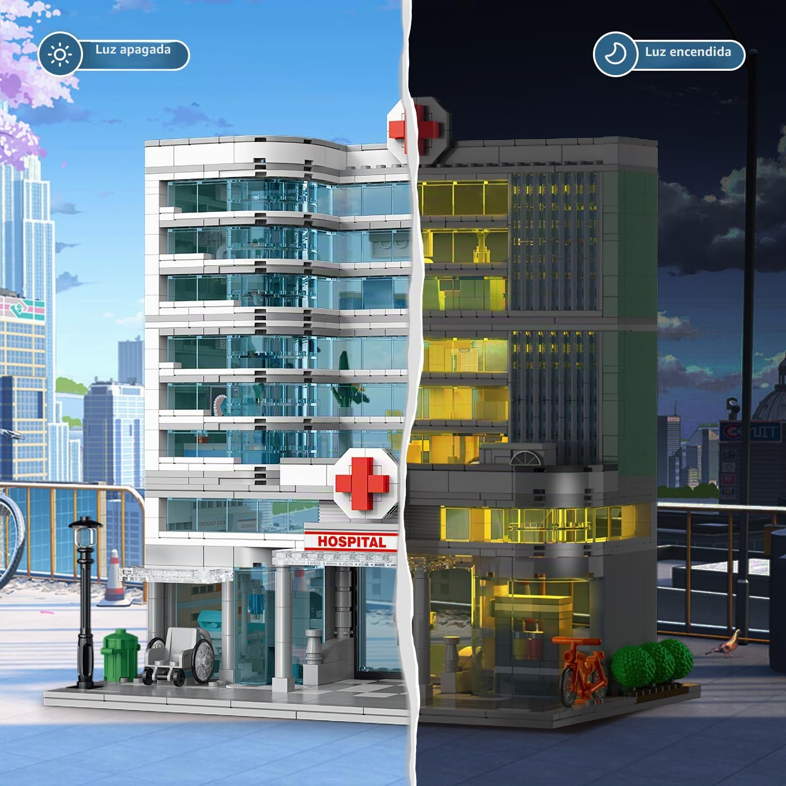 TOY PLAYER 1350 piezas City Hospital de juguete con iluminación LED compatible con Lego Modular de 3 pisos para adultos, idea de regalo para niños mayores de 10 años