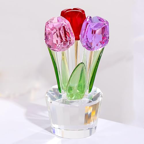 Movdyka Tulipanes Figuras de Flores de Cristal Decoración de Cristal Coleccionables Ramo de Flores Coloridas Adornos Tulipán para Mamá Mujeres en