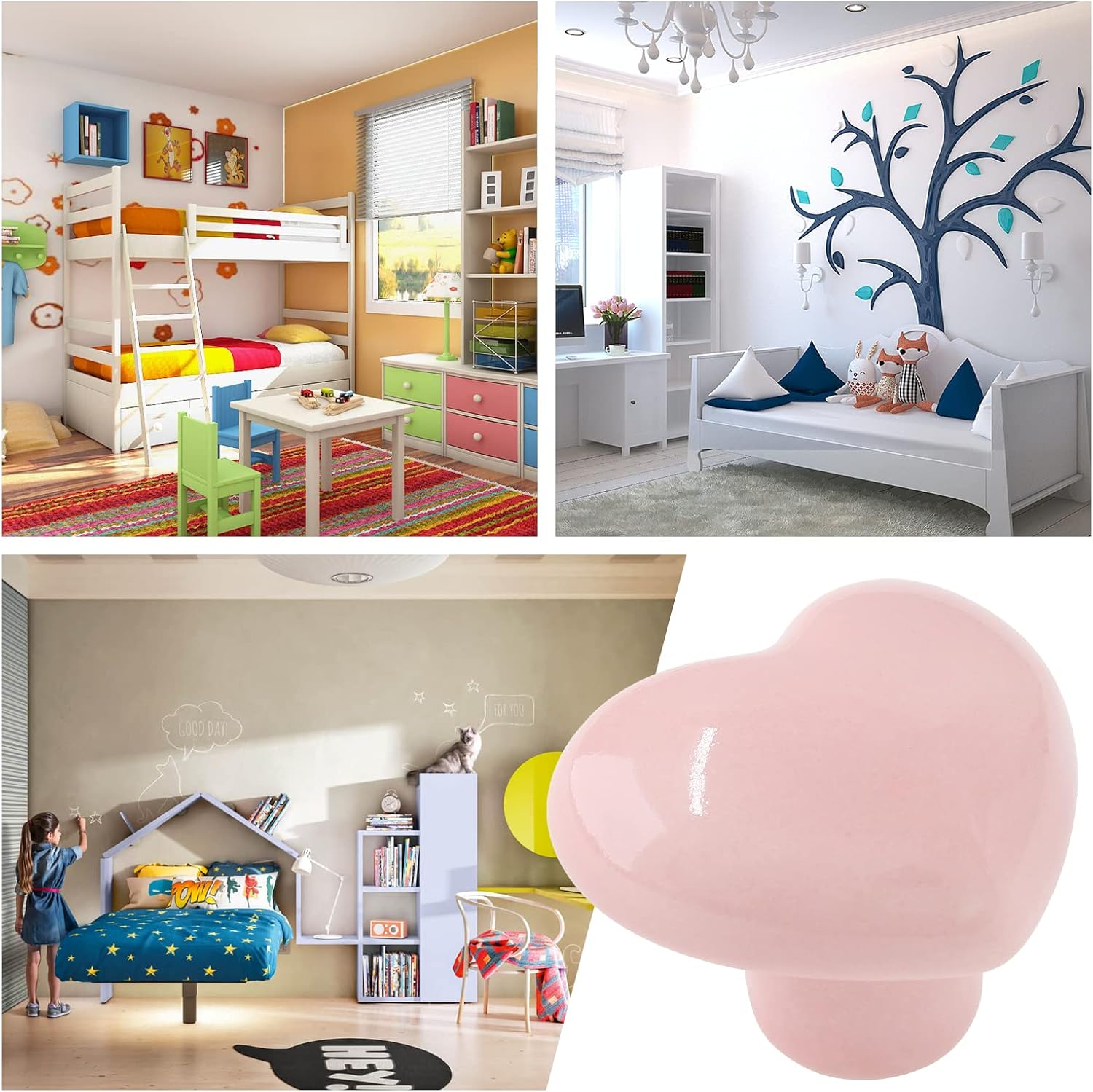 2pcs Ceramic Cabinet Knobs - Pink Heart Shaped Drawer Pulls for Kids & Girls Bedroom, Kitchen & Closet Cupboards