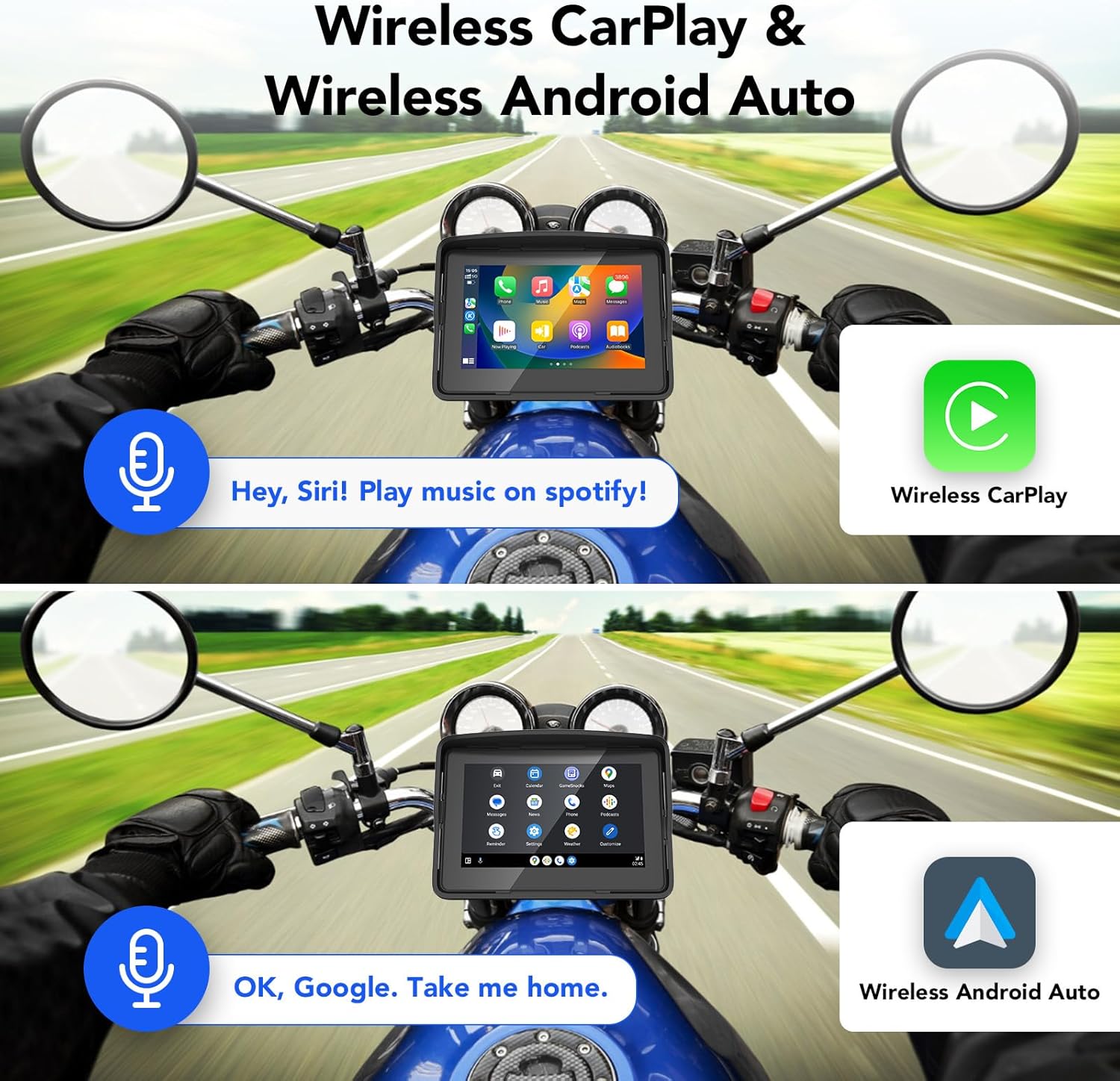 YCV Motorcycle Carplay Screen, Wireless CarPlay & Android Auto for Motorbike, Carplay Motorcycle GPS Navigation, 5" IP67 Waterproof Touchscreen, Dual Bluetooth, EQ, Support Siri and Google Assistant