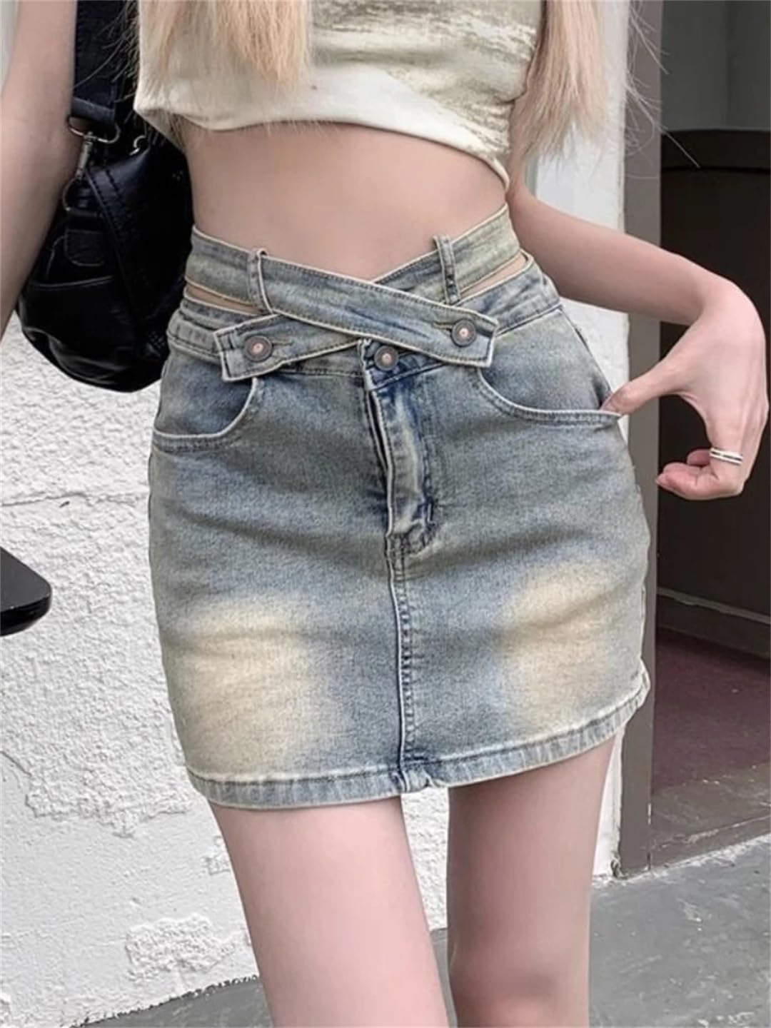 Gonna da donna retrò skinny a vita alta patchwork denim pantaloni gonna
