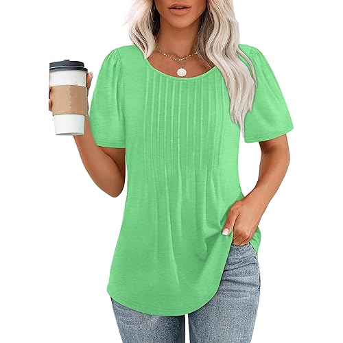 OFEEFAN Womens T Shirts Short Sleeve Pleated Dressy Casual Scooped Neck Summer Tops Blouses