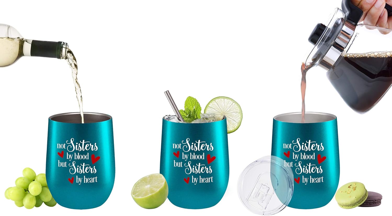 Bіg Sаlе Not Sisters by Blood but Sisters by Heart, Unbiological Sister Gifts, Soul Sister Gifts, Fancyfams 12 oz Stainless Steel Wine Tumbler, Sister in Law Gifts (Turquoise)