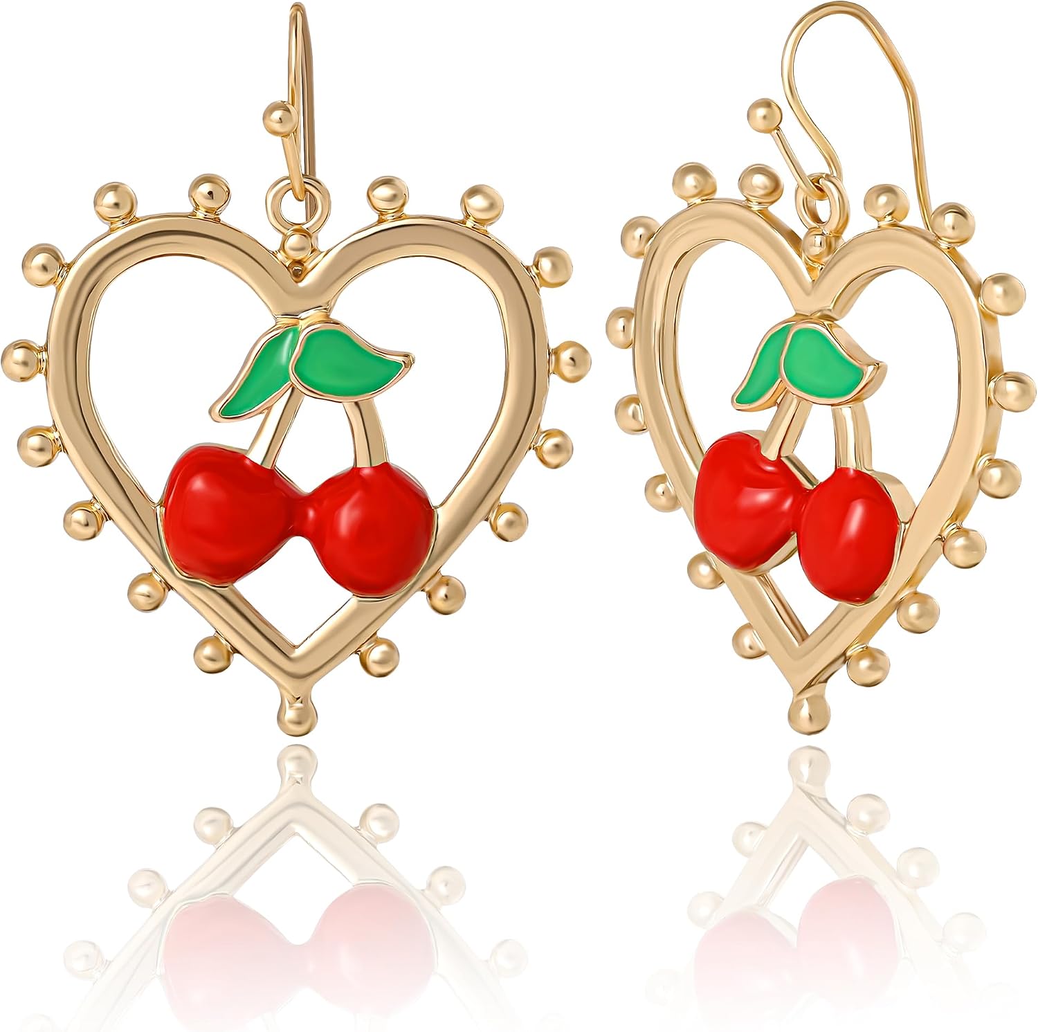 Juicy Couture Cherry Earrings for Women Gold-Tone, Spiked Heart Dangle Earrings with Enamel Cherry