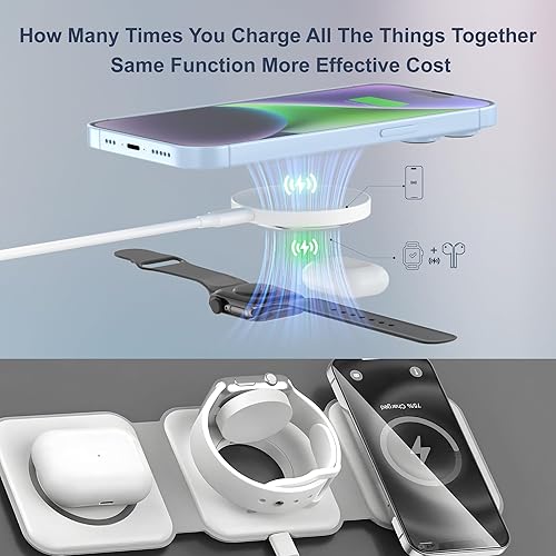 Miniatura 4 de Cargador inalámbrico magnético para iPhone - Estación de carga 3 en 1 para múltiples dispositivos, cargador portátil de viaje seguro para iPhone