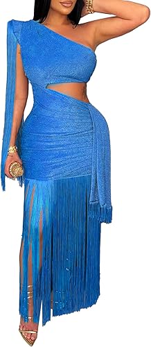 Famnbro Womens Fringe Dress One Shoulder Sleeveless Cutout Bodycon Sexy Cocktail