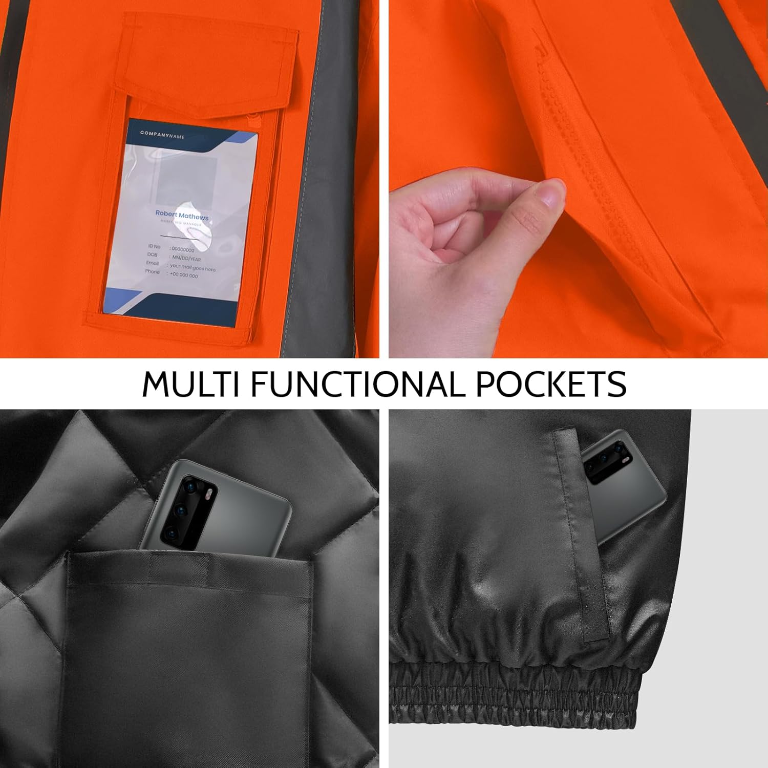 Hi Vis Jackets, Safety Jacket with Pockets for Men& Women, Reflective Construction Coats for Winter Cold Weather, Waterproof High Vis Rain Gear, Class 3, Orange-Black, XL - Image 2