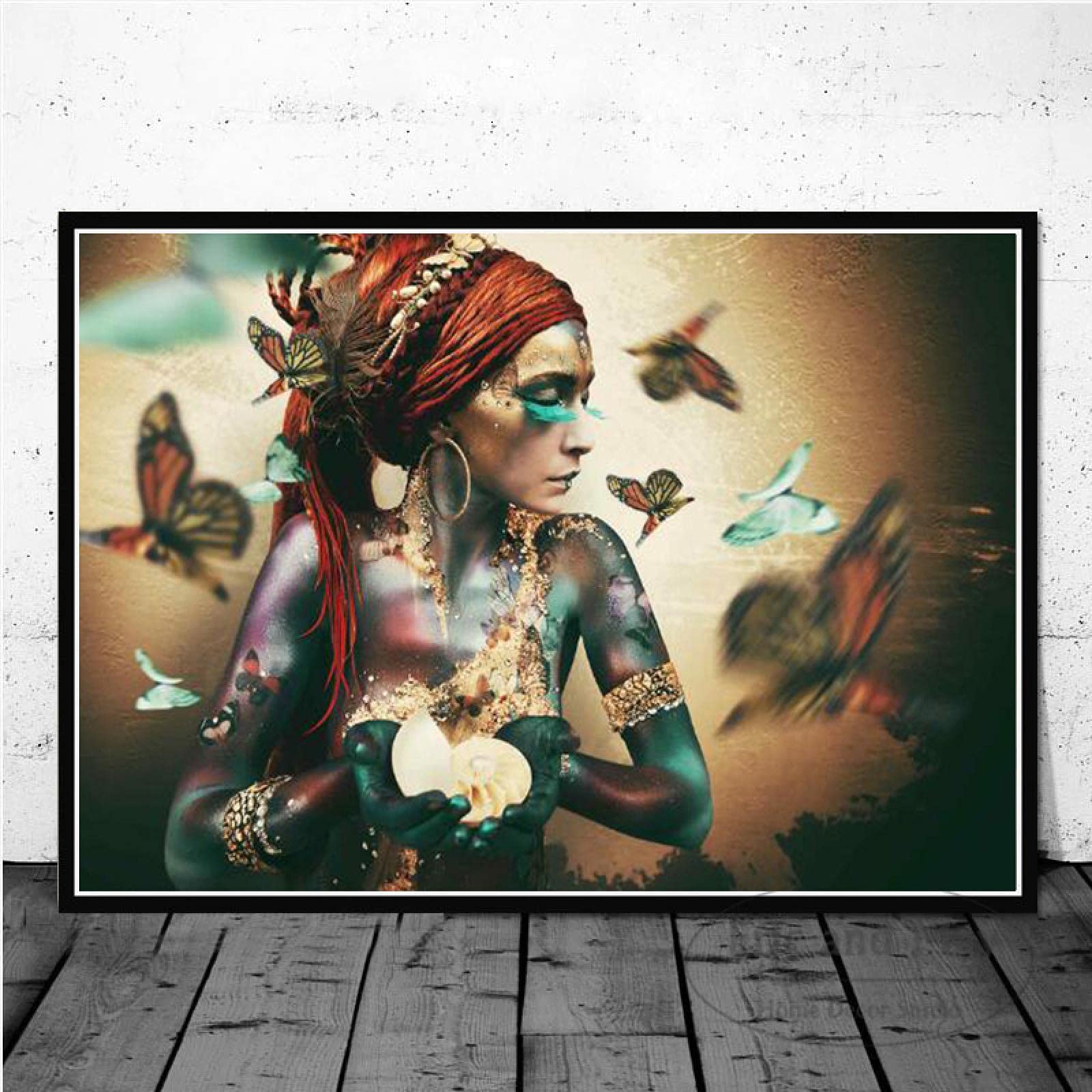 Yooyu Chica colorida Pintura en lienzo Mujer africana con cartel de mariposa e impresión de imágenes de arte de pared para la decoración de la pared de la sala de estar 60x95cm (24x37in) con marco