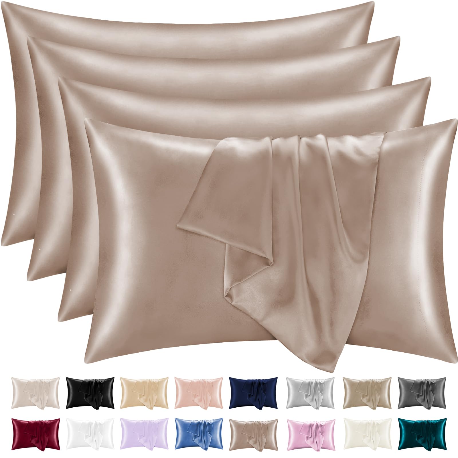 Lazzaro Satin Silk Pillowcases for Hair and Skin, Hypoallergenic Silk Pillow Cases 4 Pack with Envelope Closure