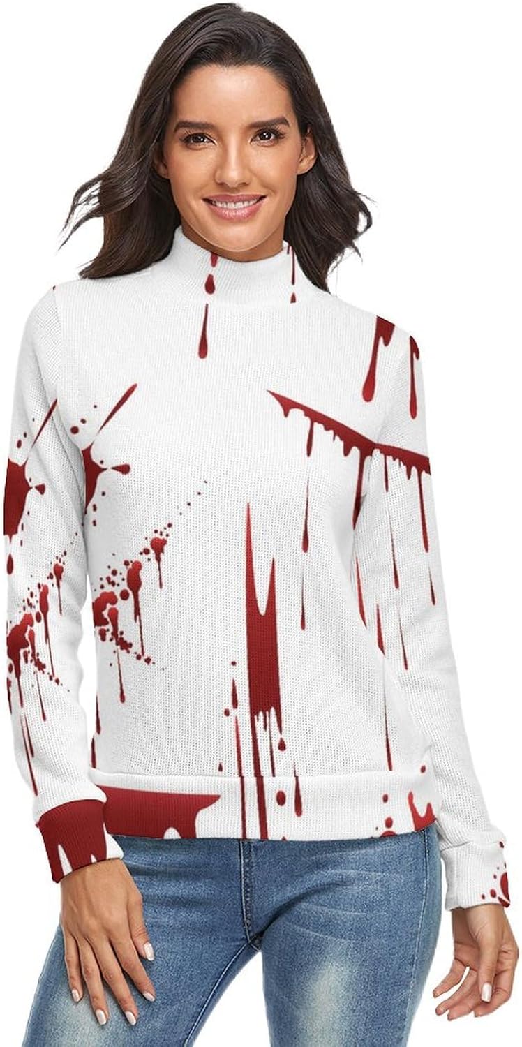 Bloody Horror Scruffy Splatter Sweater Woman Long Sleeve Turtleneck Sweater Slim Tops Shirts Thermal
