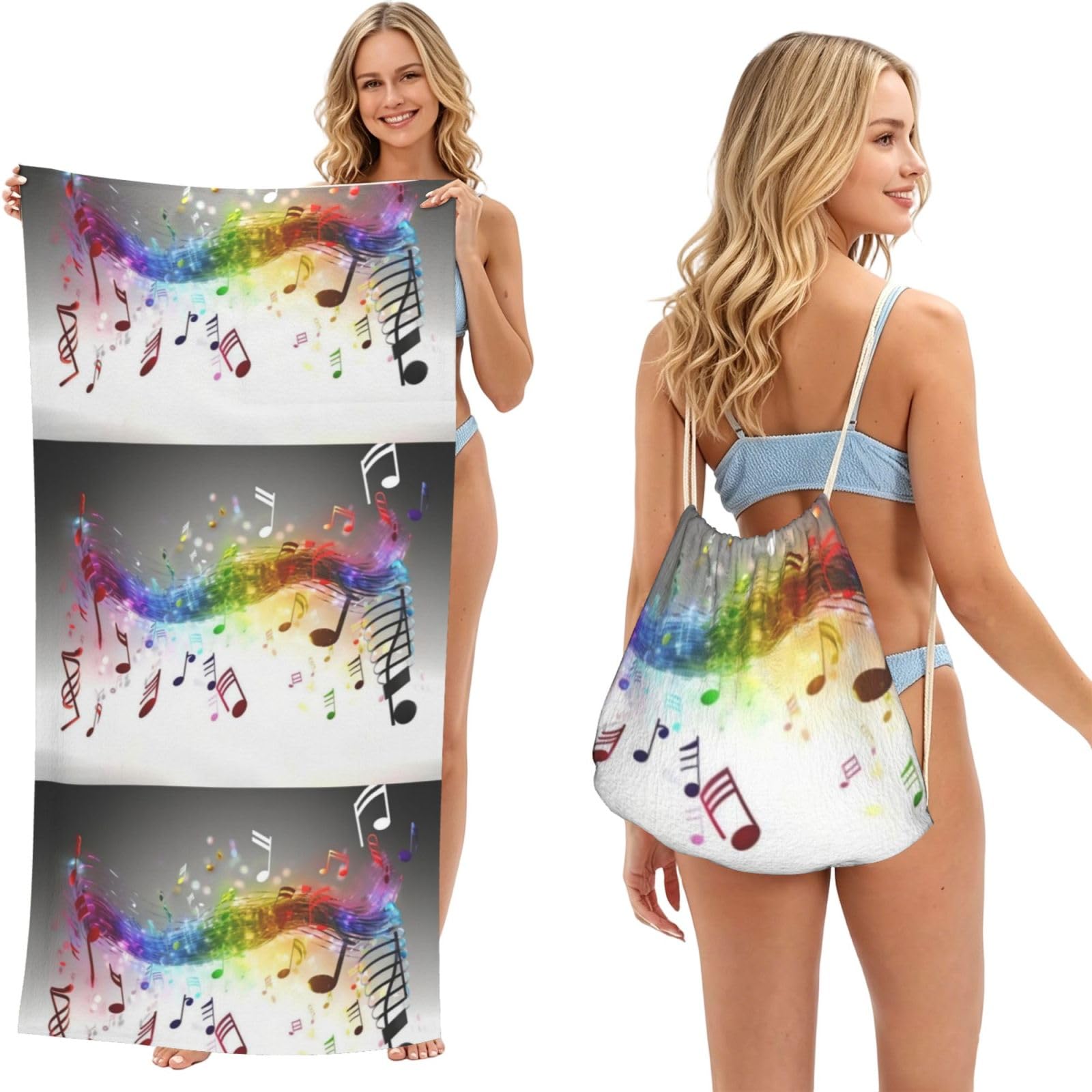 Poadnly As Picture Jumping Musical Notes Print, 2 In 1 Packable Towel Bag, Beach Towels With Drawstring Backpack For Travel Holiday Camping