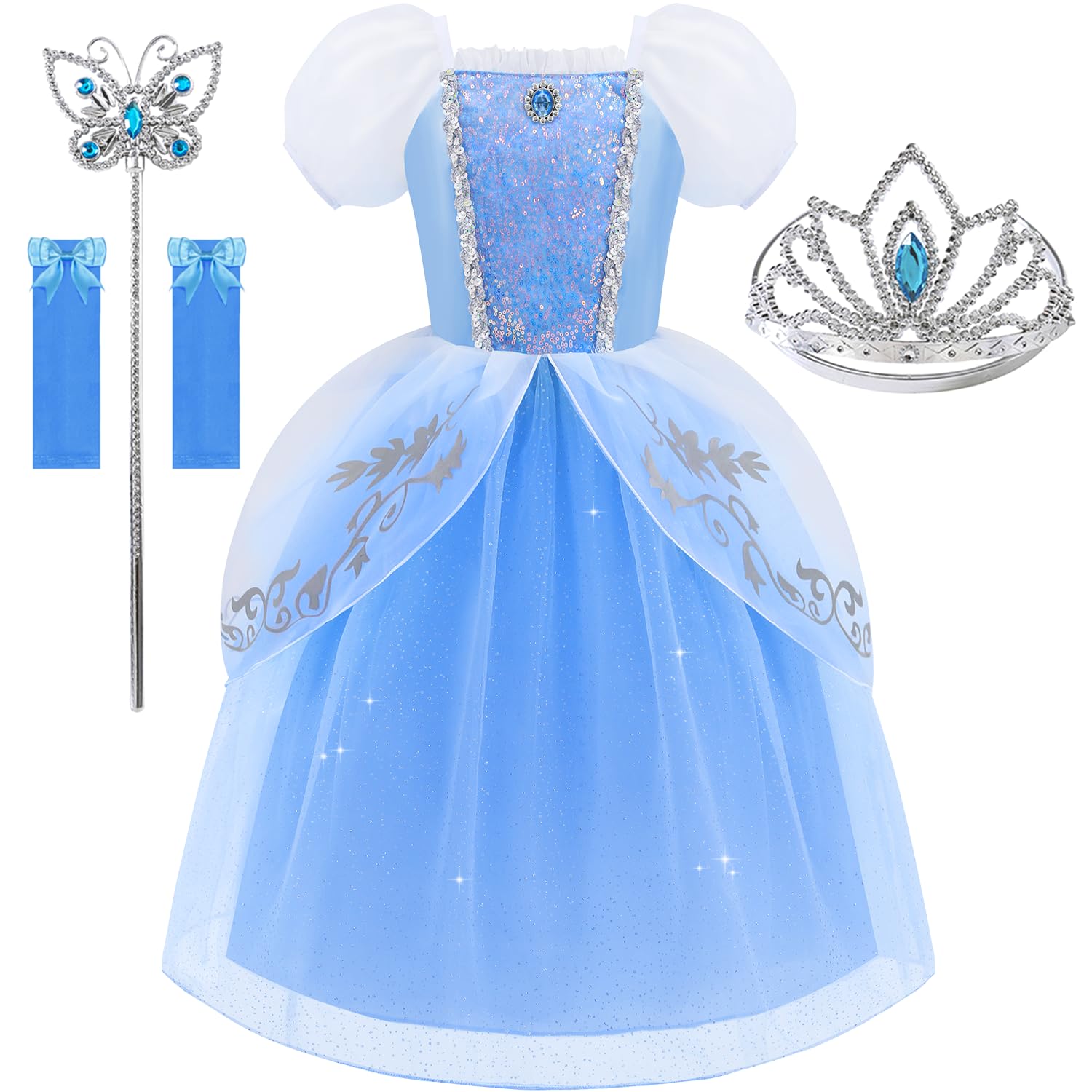 Aolliya Princess Dress for Girls Puff Sleeves Princess Costume Blue Fancy Dress Up for Halloween Cosplay Party Carnival
