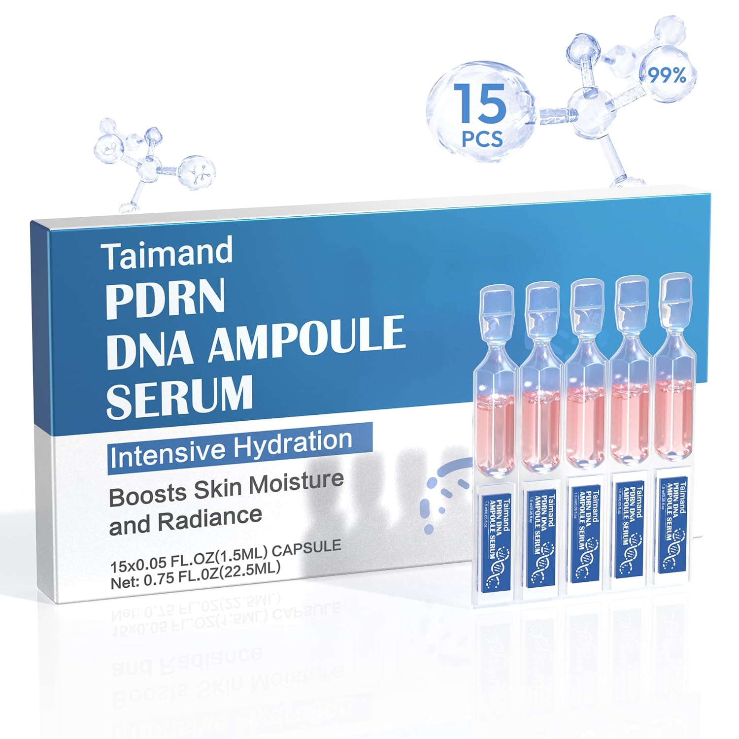 Salmon DNA PDRN Serum for Face, 99% PDRN Intensive Ampoule, Collagen, Glutathione, Niacinamide & Hyaluronic Acids, Pre-makeup Skincare, Ultra Hydrating Serum, Improves Skin Radiance, 0.05 fl.oz x 15e