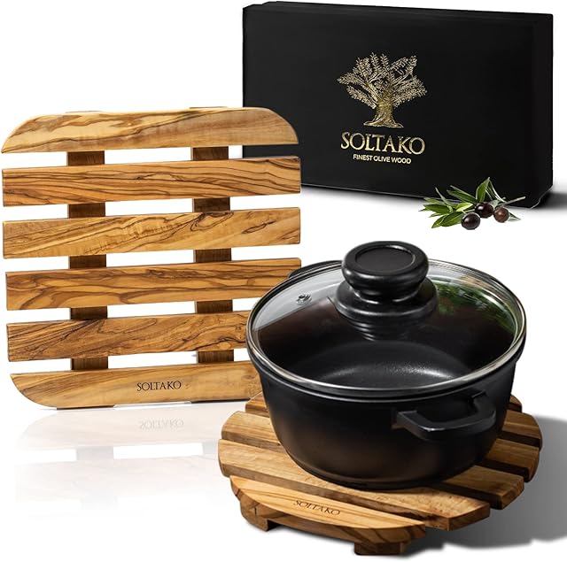 SOLTAKO Set of 2 Trivets for Kitchen Worktops, Olive Wooden Trivet for Hot Pans - Heat Resistant Mat Trivet - Hot Dish Plate Pot Holder for Table & Counter - Authentic Olive Wood