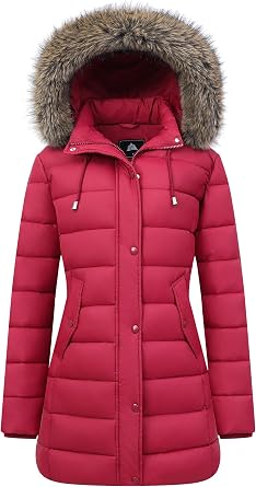Womens Winter Thickened Down Jacket Warm Long Puffer Coat Waterproof Parka with Faux Fur Removable Hood