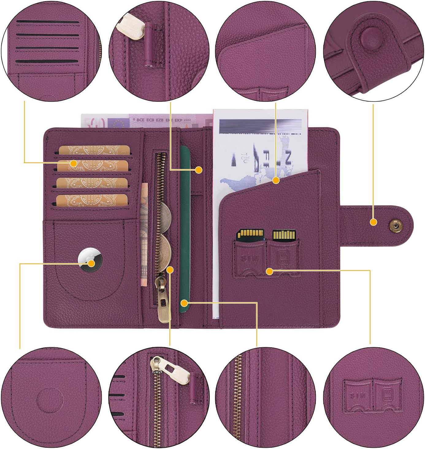 WASON Leather Passport Cover Wallet - Travel Passport Holder with RFID, Card Slots, Cash Pocket, Coin Purse, Tracker Slot, Boarding Pass and Ticket Organizer for Men and Women (Purple)