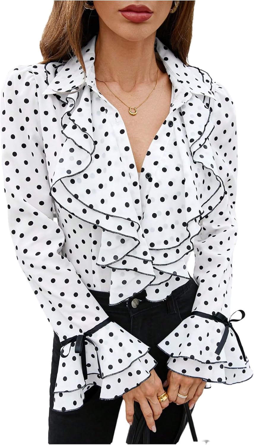 Floerns Women's Polka Dots Button Down Ruffle Blouse Bell Sleeve Elegant Collared Shirt