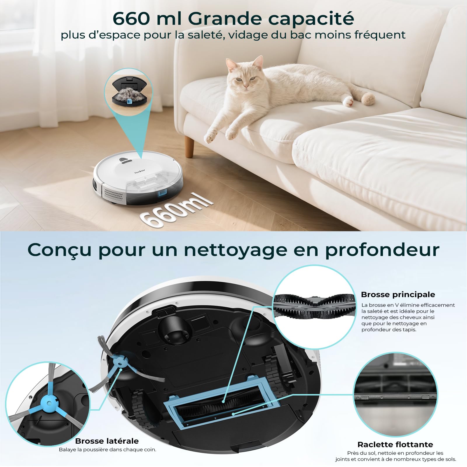 Redkey E6 Aspirateur Robot, Robot Aspirateur avec 7000 Pa Puissance d’Aspiration, Jusqu’à 170 Min Autonomie, avec Station de Charge, Télécommande et APP, Idéal pour Poils d’Animaux, Tapis, Sols Durs