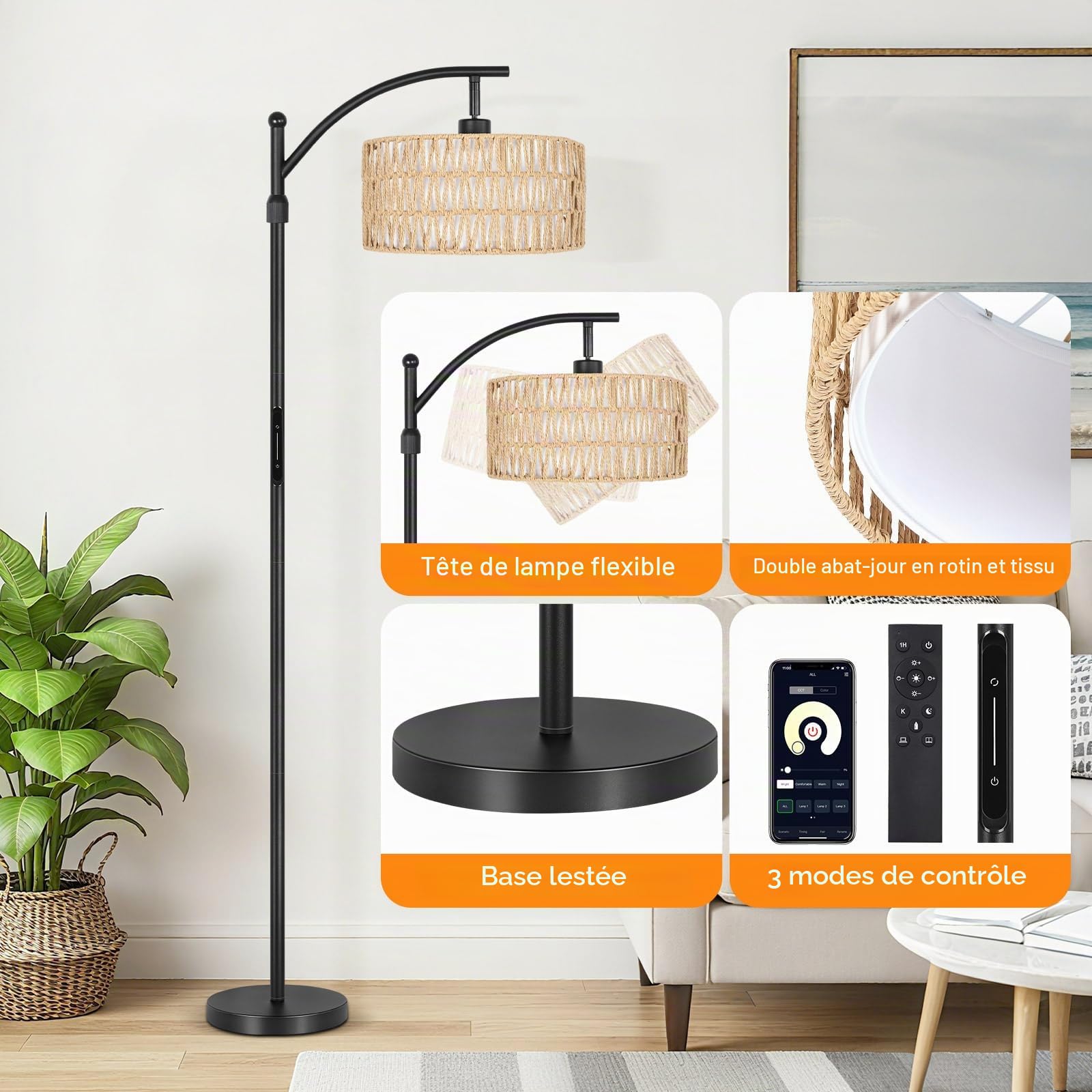 OUTON Lampadaire sur Pied en Rotin, Lampadaire Arc Boho avec App, Télécommande et Commande Tactile, 4 Températures de Couleur, 2 Abat-jours, 12W Lampadaires Vintage pour Salon, Chambre, Bureau, Noir
