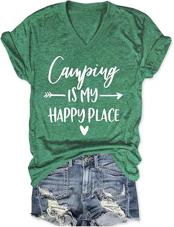 Camping is My Happy Place Funny V Neck T-Shirt Women Hiking Short Sleeve Shirt Novelty Saying Athletic Tee