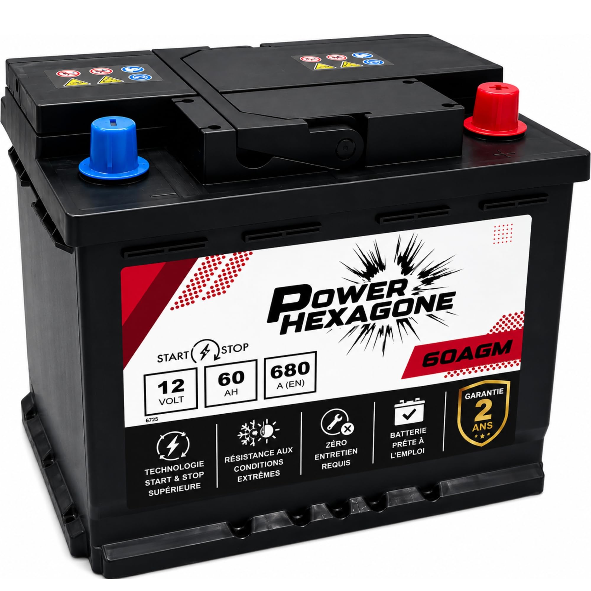 Batterie voiture 12V 60Ah AGM Start & Stop - 540A au démarrage - Batterie auto sans entretien - Format compact pour véhicules modernes - Remplacement origine - Power Hexagone