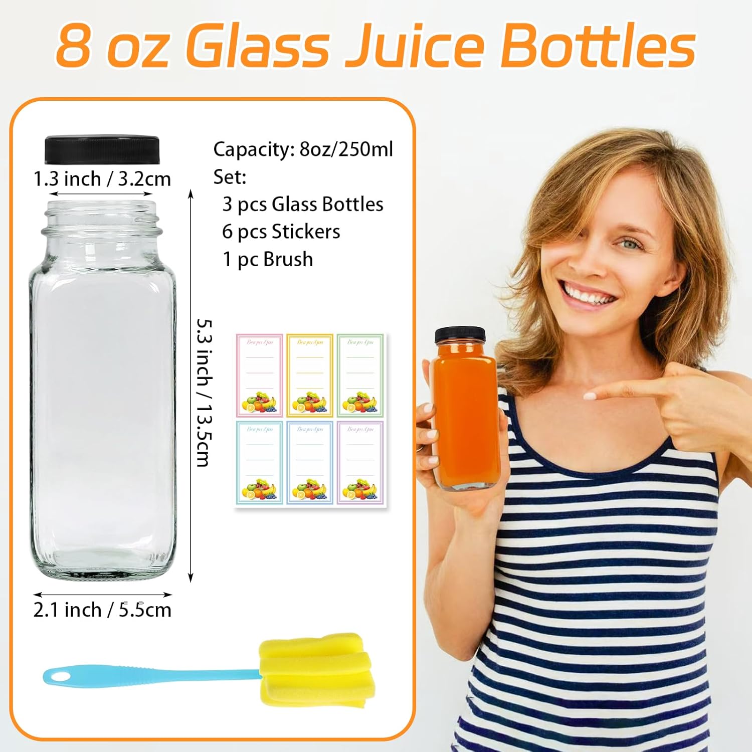 3 Pack 8oz Glass Juice Bottles with Lids, 250ml Reusable Glass Juicing Bottles, Square Drinking Jars Drink Containers with Caps for Water, Milk, Ginger, Kombucha, Beverages - Image 2