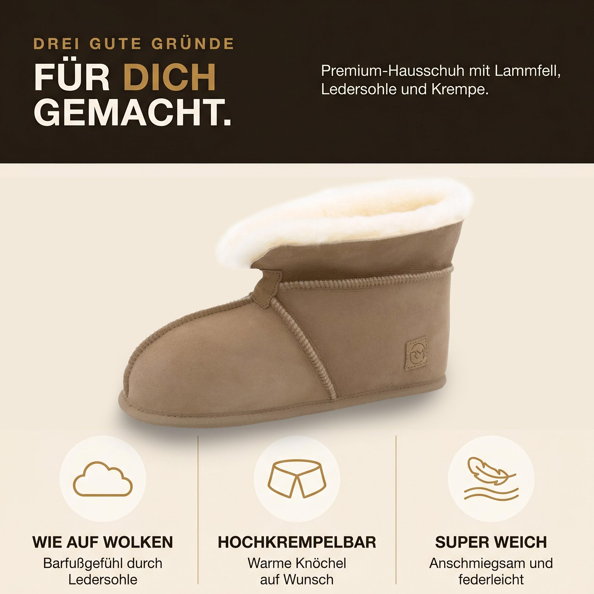 Rohn Moden Lammfell Hausschuhe für Damen und Herren – Chalet – Warme Hausschuhe mit Schaffell & weicher Ledersohle – Winter Pantoffeln für zuhause – Slipper gefüttert - Braun Grau