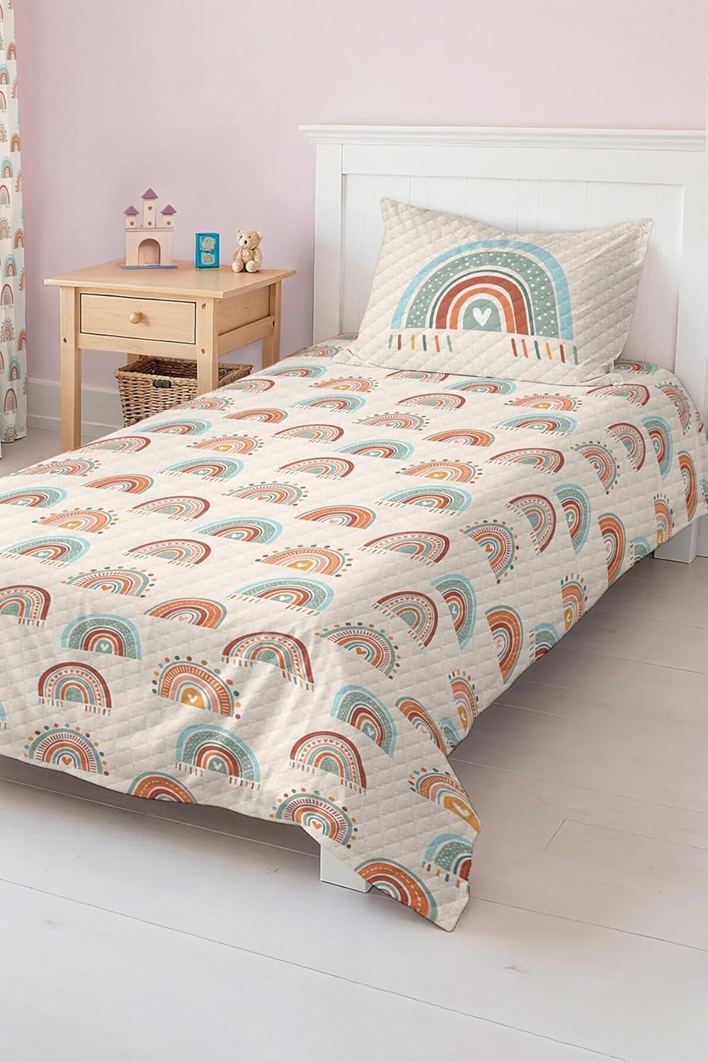 SODEF Bedding Set Twin Size Pastel Rainbow Design Cream Color Cotton Polyester Quilt Set for Kids and Teens Room, Multicolor, 2 Piece - Multicolor, One Size