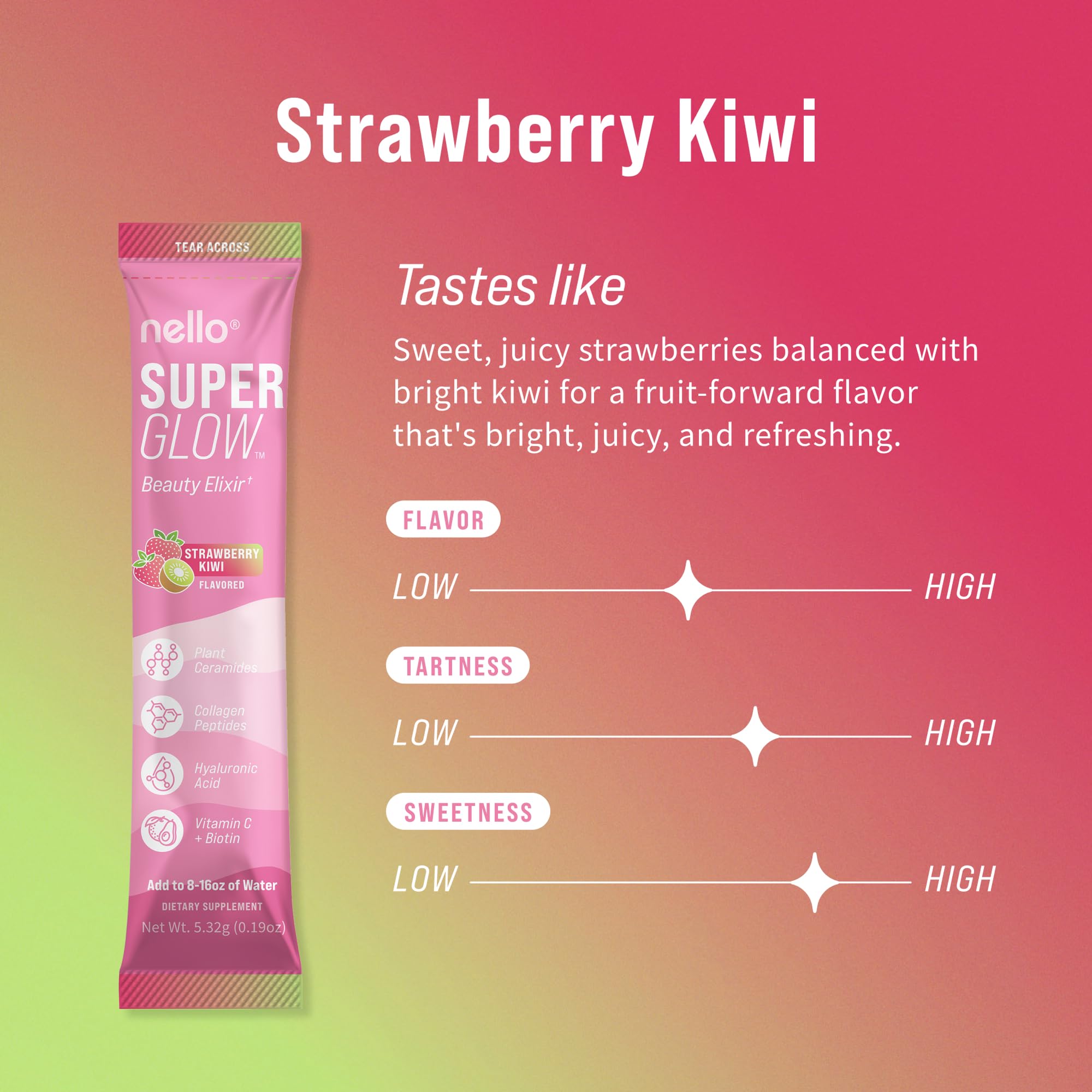 Nello Superglow Powdered Drink Mix, Skin Hydration, Glow & Hair Support, Collagen Peptides, Hyaluronic Acid, Ceramosides, Biotin & Vitamin C, 20 Stick Packs (Strawberry Kiwi) — Amazon image 2